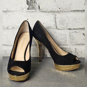 Enzo Angiolini Easully Black Suede Gold Peep Toe Platform Heels Size 7.5